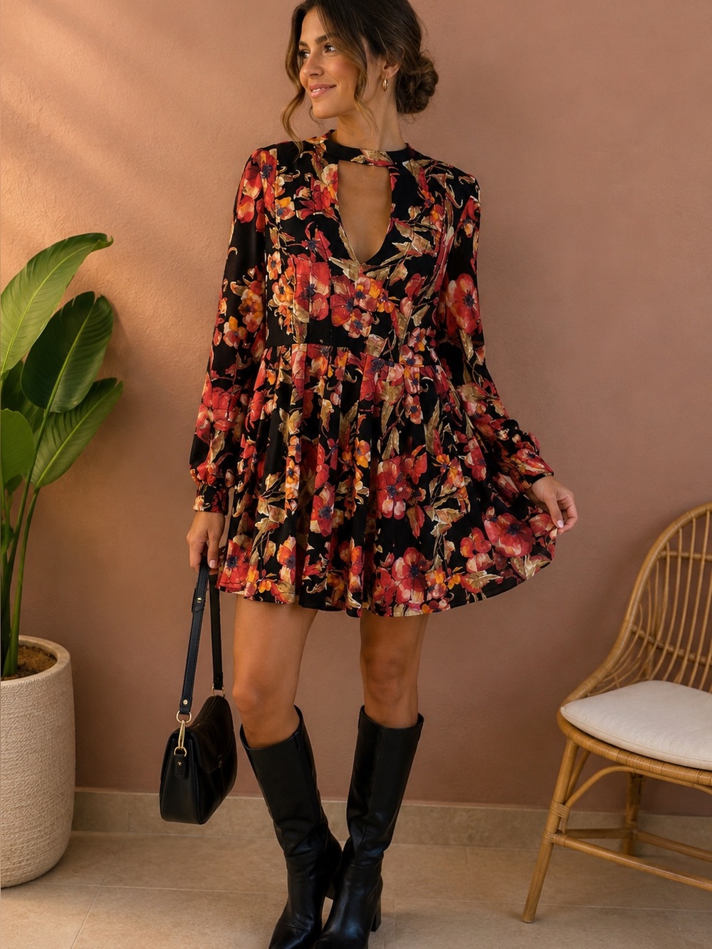Free People.Floral Long Sleeve Dress